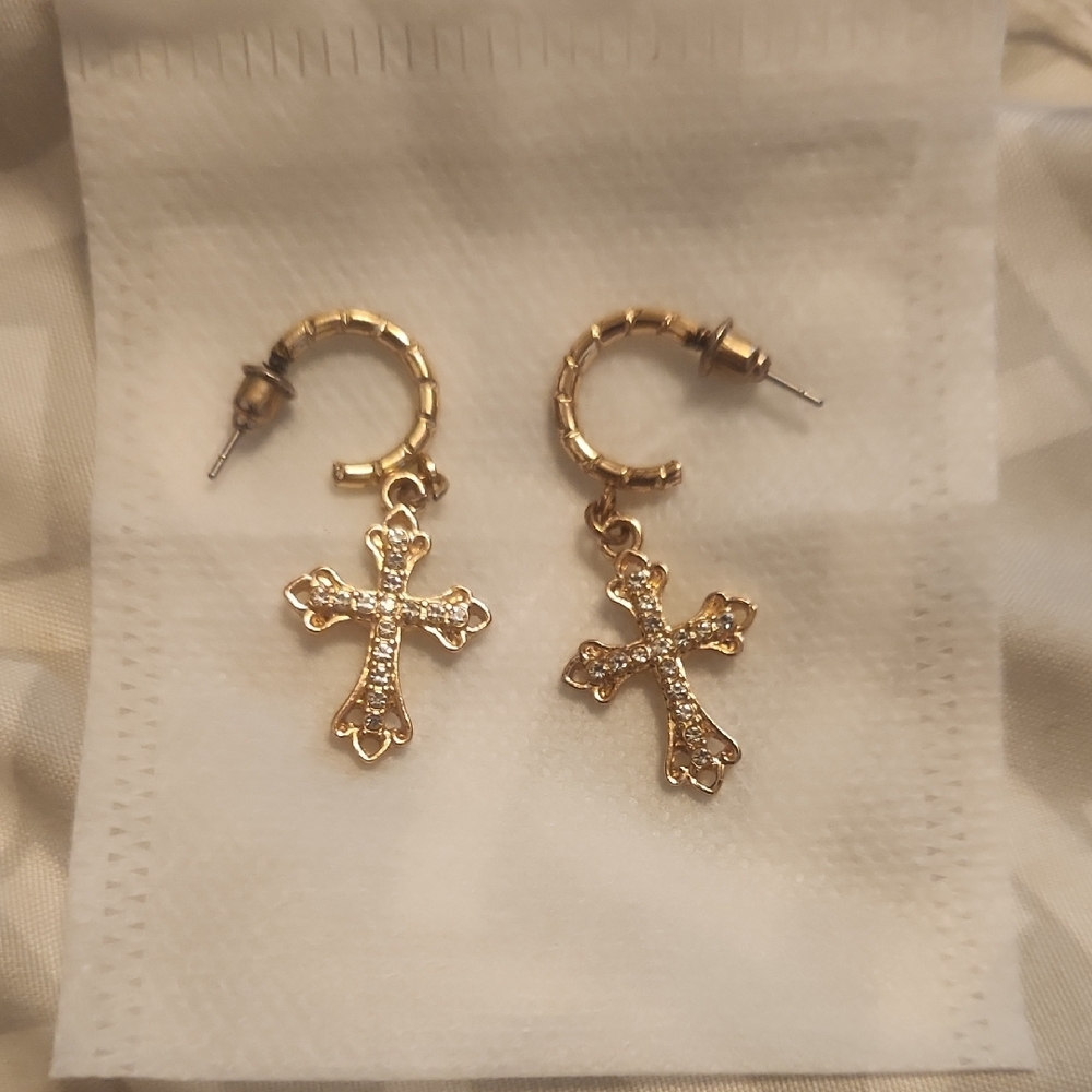 White Cross Gold Earrings